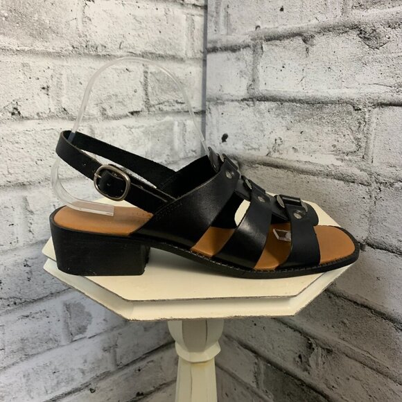 Vintage 90s Fishermans Sandals Black Leather Square Toe Low Block Heel - Picture 4 of 11